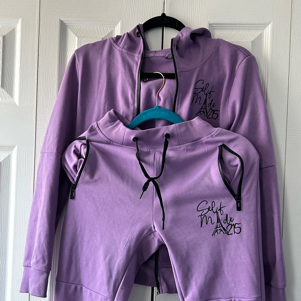 Large Purple 215 Self Made sweatsuit. Zipper on jacket is missing. Fitted pants